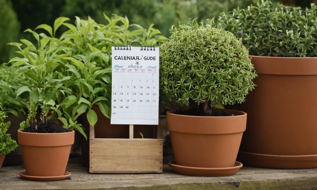 Una guía de jardinería basada en calendario que ofrece plantas en macetas con consejos de cuidado y mantenimiento.