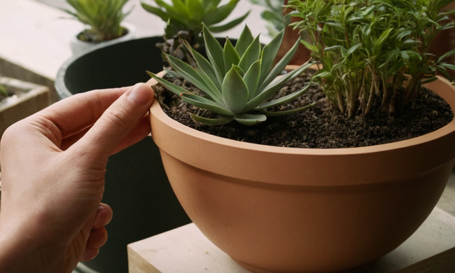 Manos creativas construyendo plantas únicas de materiales reciclados.