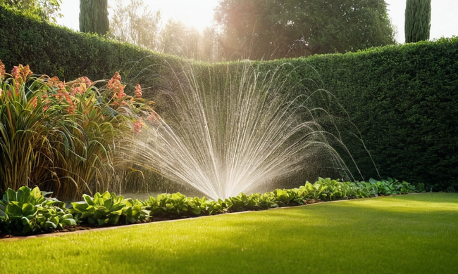 Un jardín con aspersores automatizados regar plantas de manera eficiente.