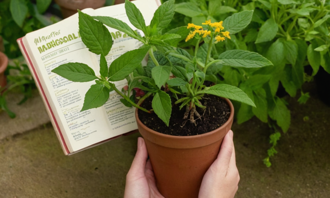 Una persona que sostiene una planta medicinal con una guía de jardinería abierta.