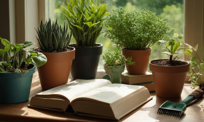 Un collage de plantas en varias ollas sobre una mesa con herramientas de jardinería y reserve abierto cerca.