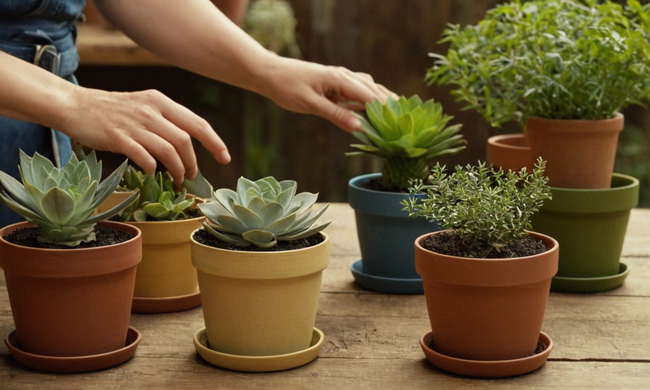 Manos creativas que organizan materiales reciclados en macetas de plantas decorativas sobre una mesa rústica.
