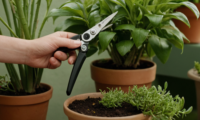 Una persona que sostiene cuchillas de poda junto a una planta con puntas de jardinería en el texto circundante.