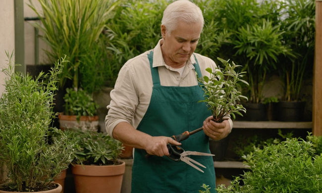 Gardener sosteniendo herramientas de poda cerca de plantas con puntas crecientes en un fondo.