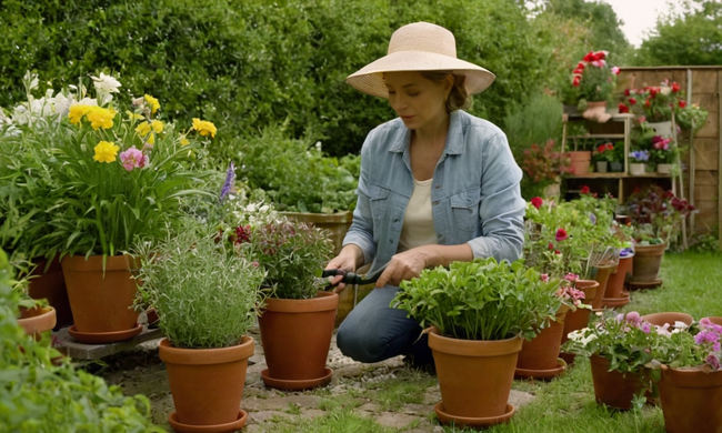 Una persona de macetas y podadoras plantas en un jardín o macetas, con flores y vegetación prosperando.
