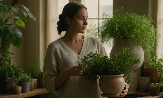 Una persona que sostiene un jarrón con plantas en un ambiente acogedor, rodeado de consejos de jardinería.