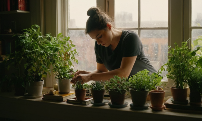 Una persona que tiende a plantas en una ventana con libros y productos de cuidado de plantas cerca.