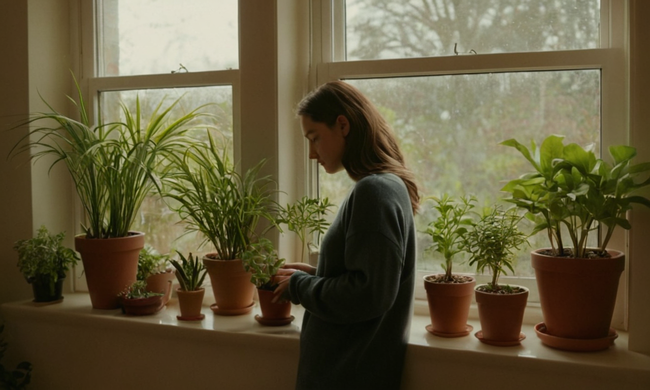 Una persona que tiende a las plantas cubiertas en una ventana en medio de una acogedora sala de estar.