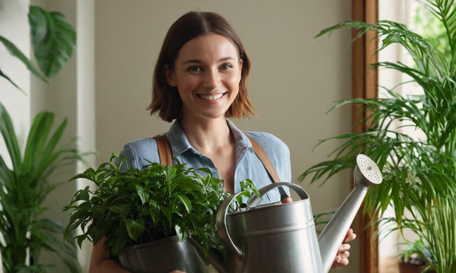 Una persona sosteniendo una lata de riego y sonriendo frente a una exuberante planta interior verde.
