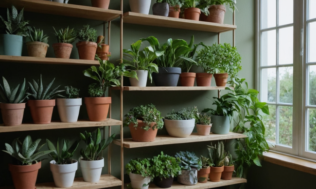 Una unidad de estantería de paleta llena de plantas coloridas en una acogedora casa.