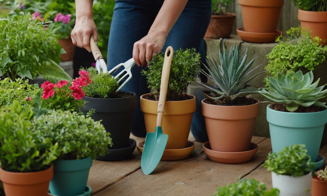 Una persona que sostiene múltiples plantas coloridas, con herramientas de jardinería y plantadores en el fondo.