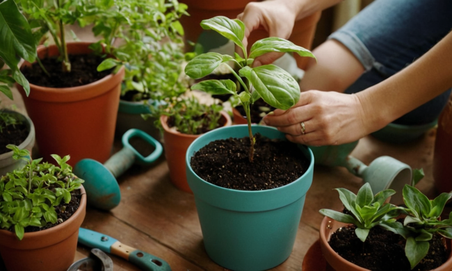 Una persona plantando una semilla en una olla colorida, rodeada de herramientas y plantas de jardinería.