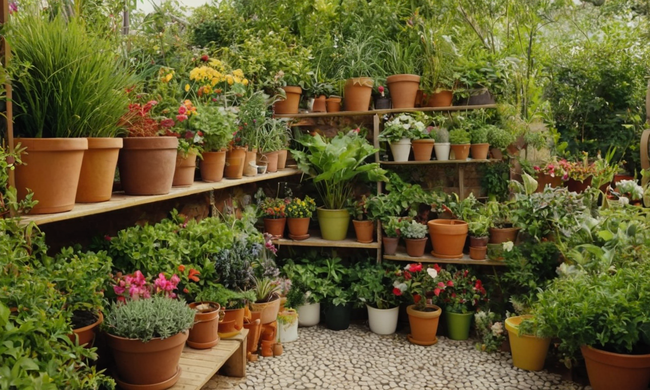 Un colorido jardín lleno de diversas plantas en diferentes terrazas o estantes.