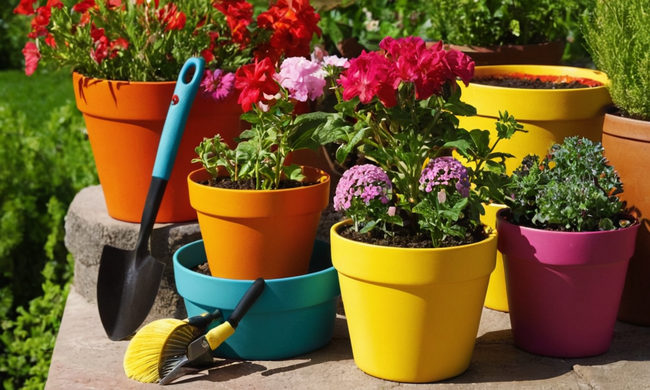 Flores y plantas vibrantes creciendo en macetas coloridas con herramientas de jardinería cercanas.