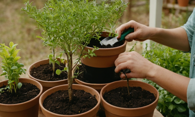 Jardineros manos cuidadosamente transplantando plantas con herramientas y guía necesarias.