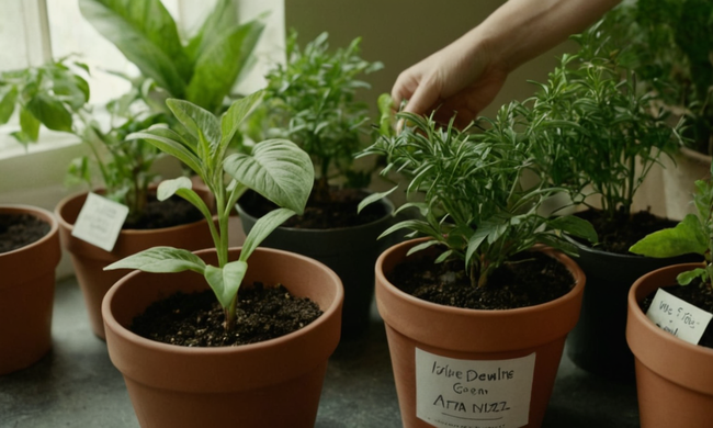 Alguien cuidadosamente movido de plantas con etiquetas de plantas e instrucciones.