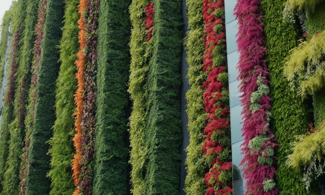 Un vibrante paisaje urbano con jardines verticales con varias especies de plantas y diseños creativos.