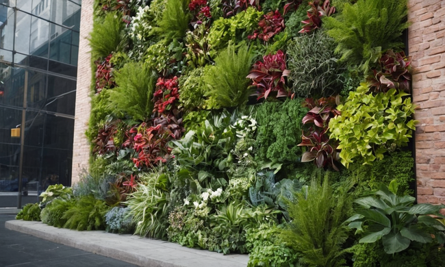 Ilustraciones de concepto de jardín vertical en un contexto urbano callejero.
