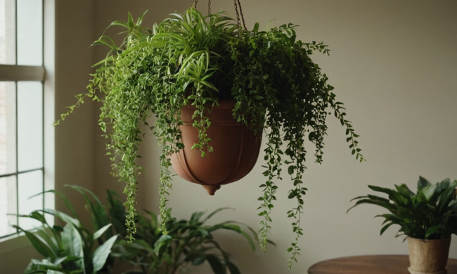 Arreglos de plantas colgantes estéticas con flores y vegetación mostrados en varios espacios.
