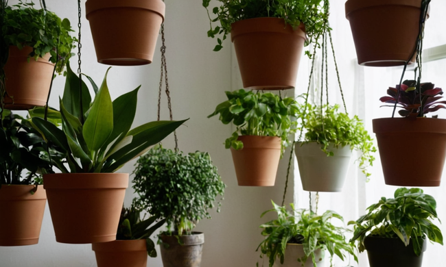 Plantas vibrant macizas suspendidas de una creación de plantadores verticales creativos.
