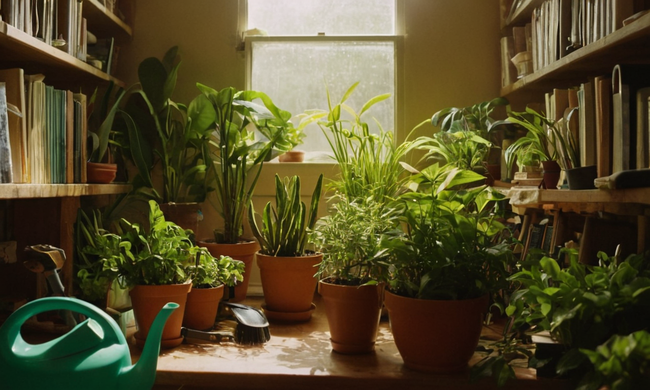 Una persona regar plantas interiores con un pulgar verde rodeado de herramientas y libros de jardinería.