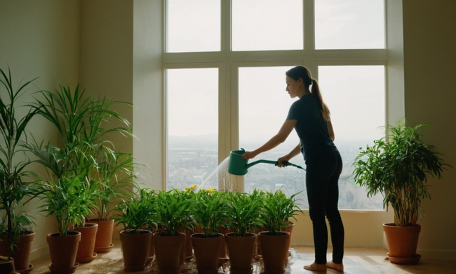 Una persona regadera plantas cubiertas con un fondo tranquilo.