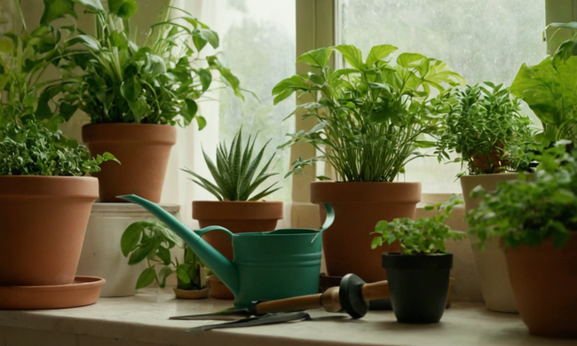 Una persona regar suavemente plantas interiores con vegetación y herramientas de jardinería.