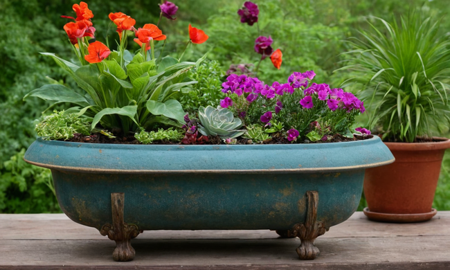 Manos repurponiendo objetos viejos en plantadores creativos con plantas vibrantes.